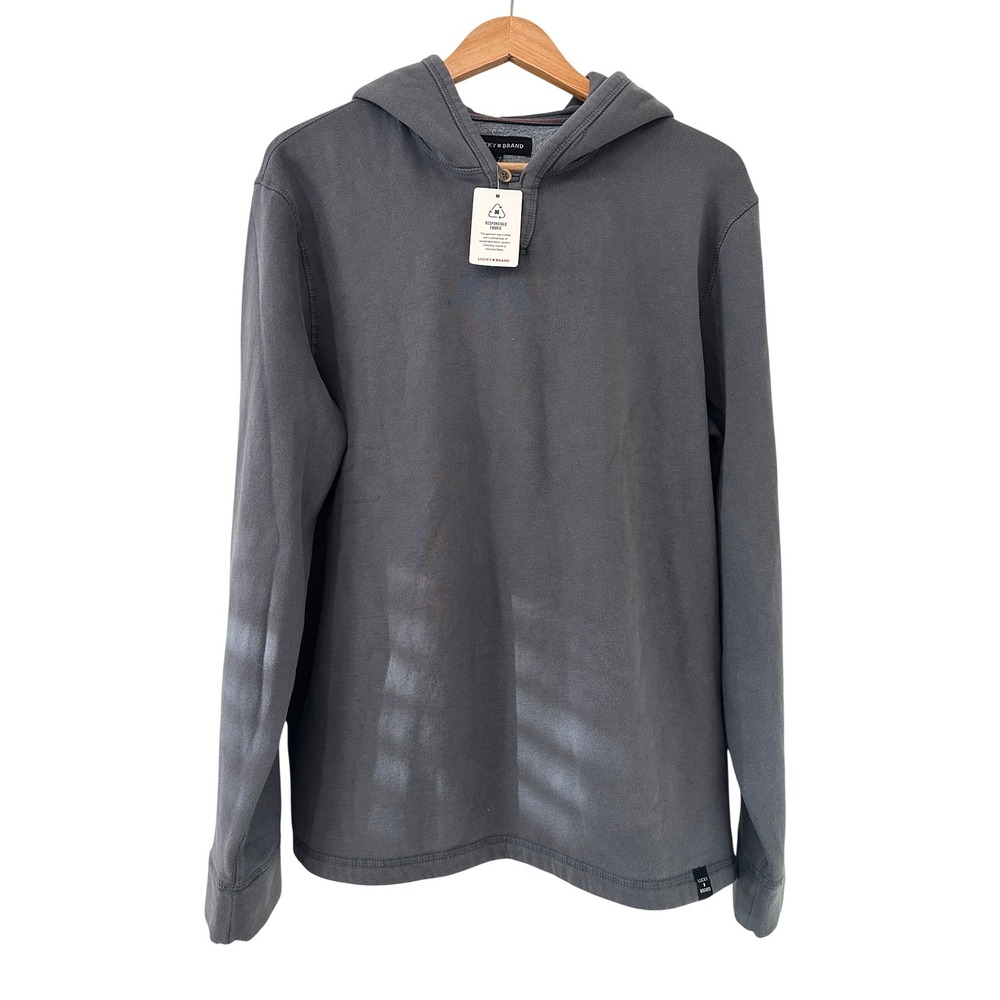 Lucky Brand Mens Gray Henley Hoodie Fleece Sweatshirt Size M Lounge Cozy